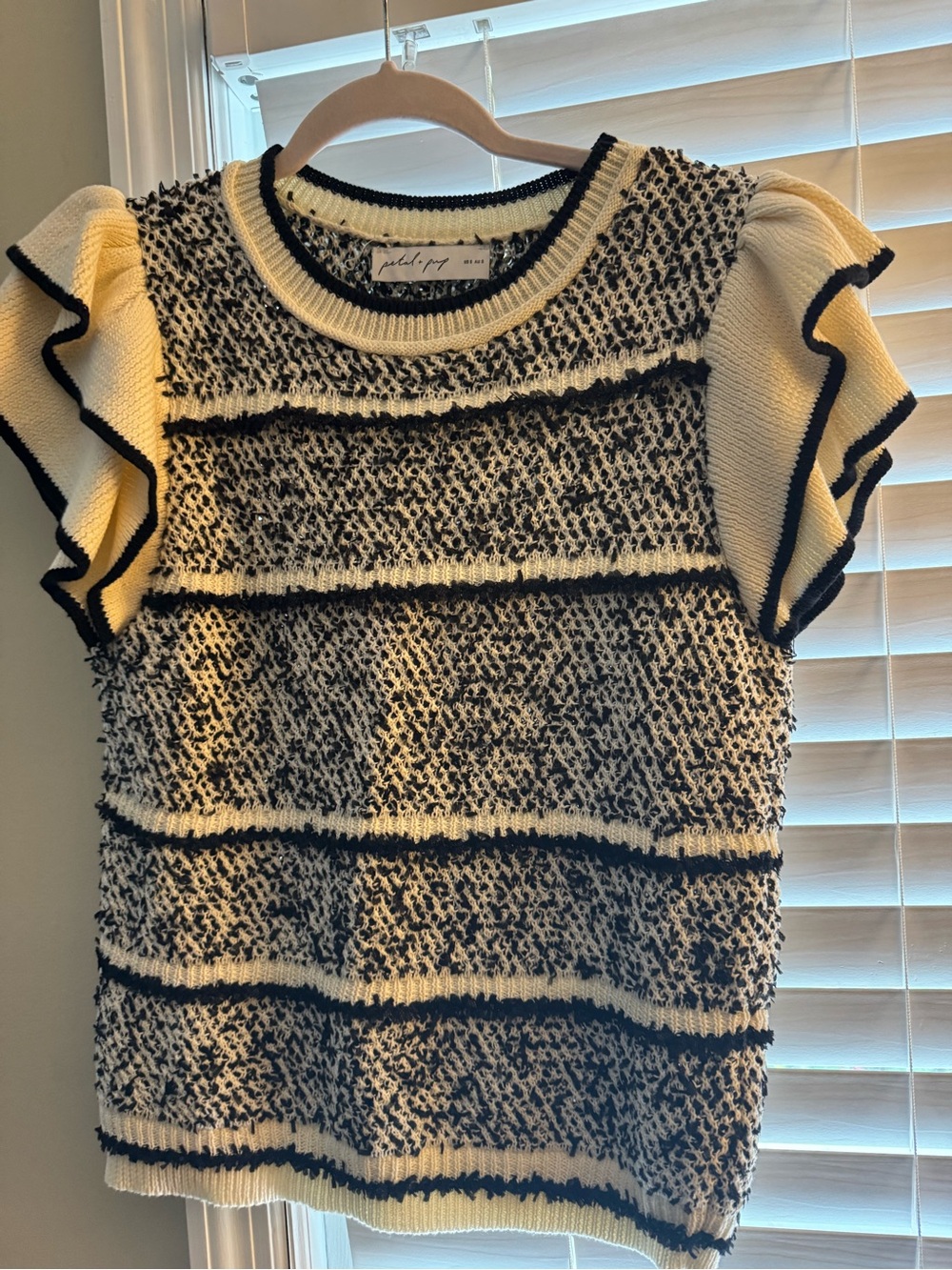 White and Black Textured Ruffle-Sleeve Sweater Top